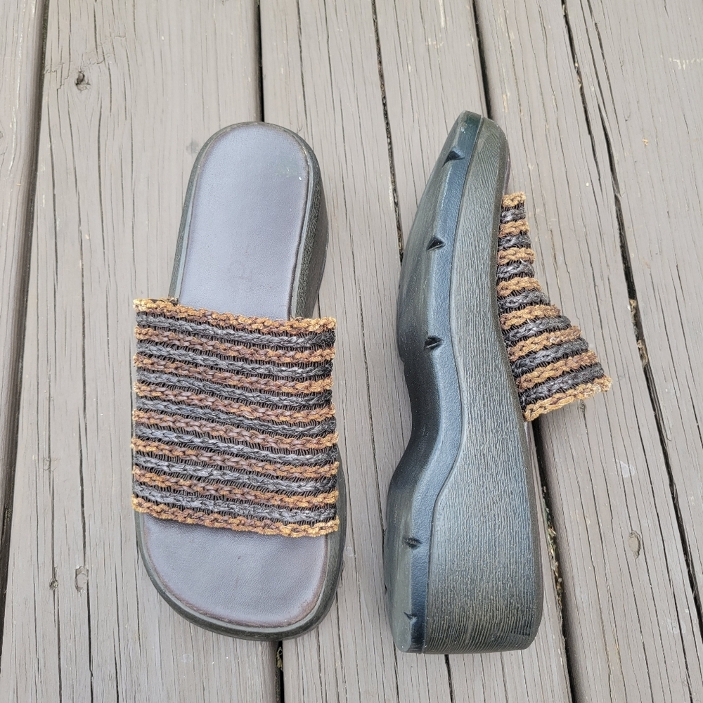 Vintage 90s‎ y2k Bratz Brown Leather Woven Chunky Wedge Platform Slide Sandals 8